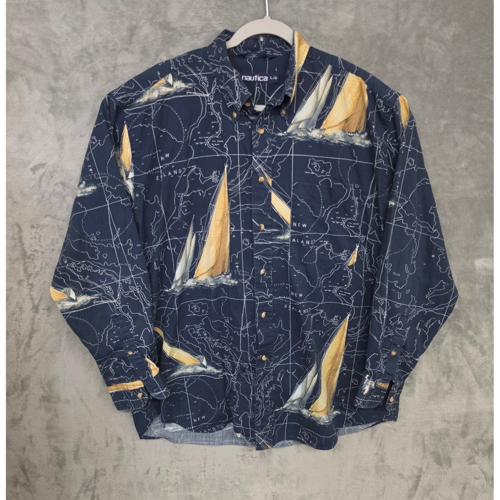Nautica Mens Large Navy Blue Sailboat Map AOP All Print Long Sleeve Button Shirt